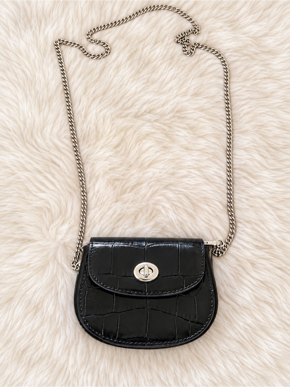 Coach Black Croc-Embossed Mini Crossbody with Silver Chain